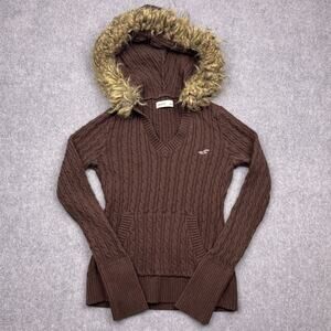 Hollister Cable Knit Sweater Womens Small Brown Detachable Faux Fur Trim Hooded